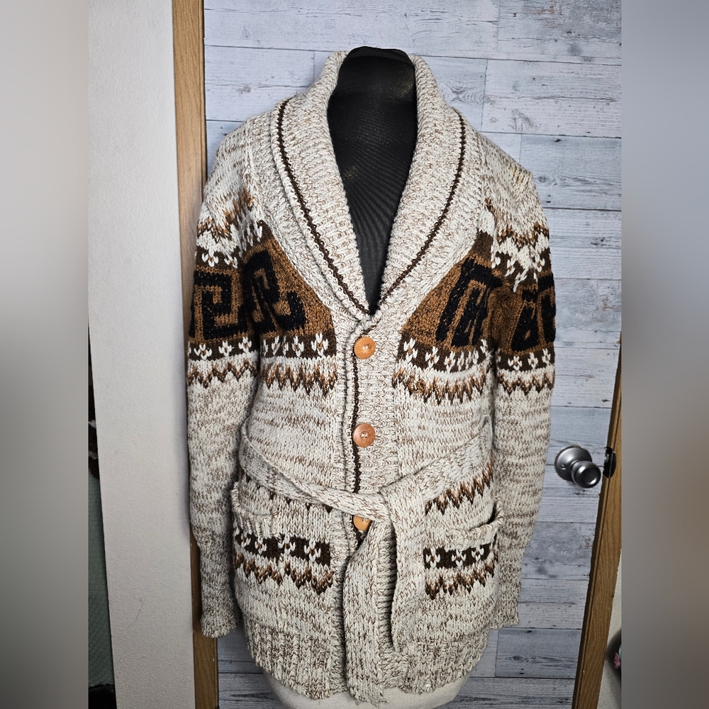 Vintage 1970's Sears Acrylic Chunky Knit Rare Print Belted Cardigan Sweater
